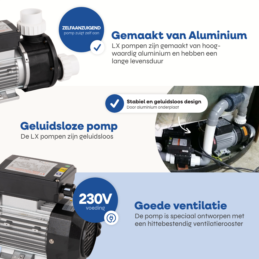 LX JA50 pomp voor spa waterfiltratie en circulatie. Maakt weinig geluid.