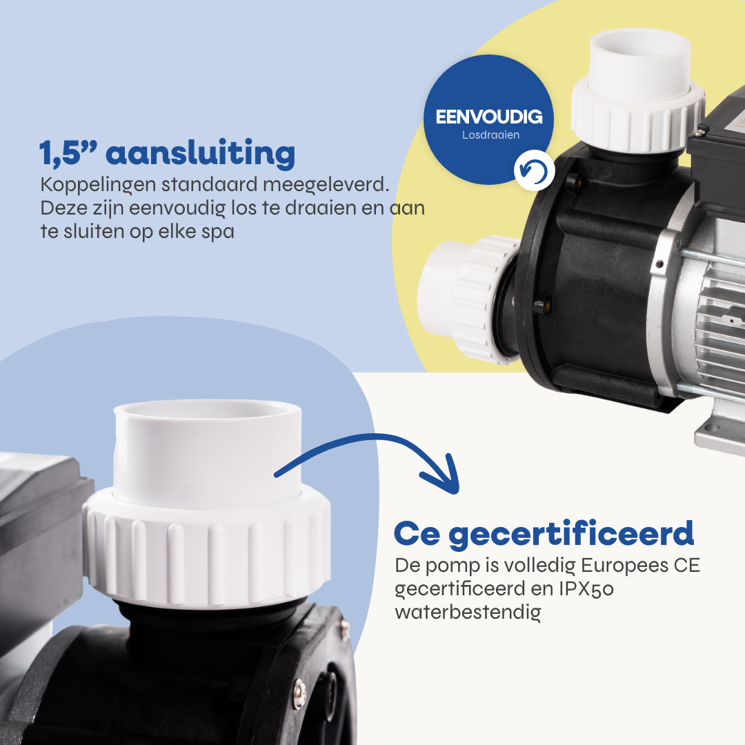 Zijaanzicht van de LX WTC50M spa pomp met aansluitingen zichtbaar