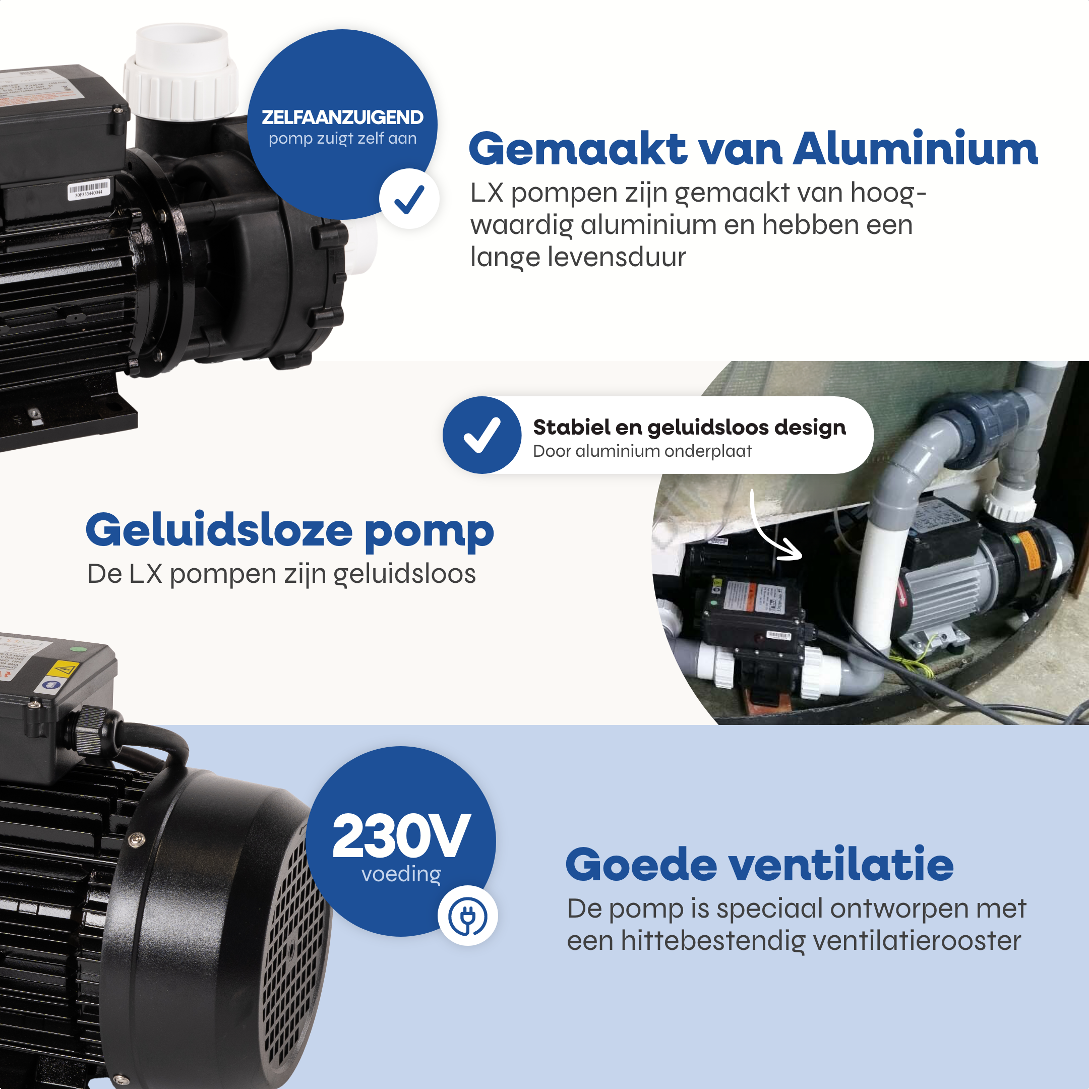 Achteraanzicht van de LX WP250 pomp met ventilatieopeningen en aansluitkabel