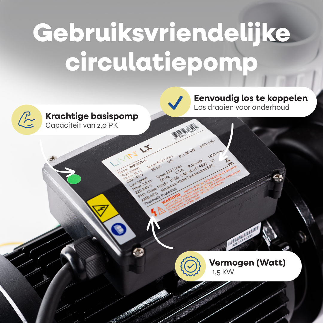 Detailweergave van de LX WP200 spa pomp met specificatielabel en thermische beveiliging